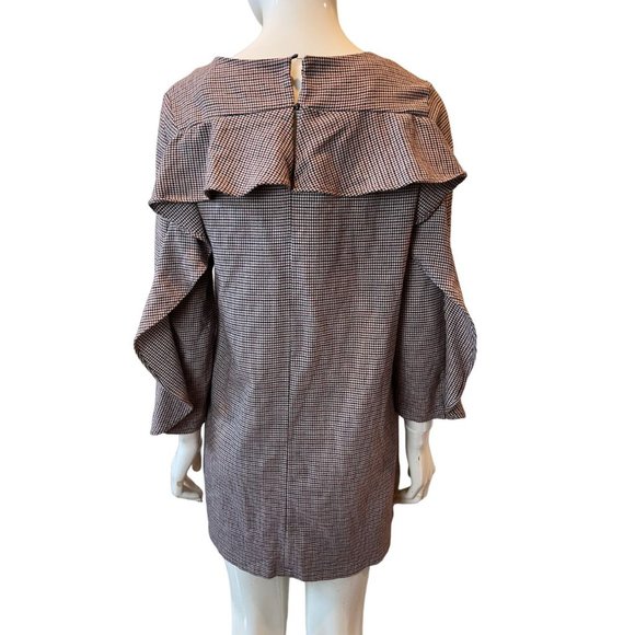 Zara Basic Womens Shift Mini Dress Hounds tooth Ruffle Long Sleeve Red Black XS - Picture 4 of 10